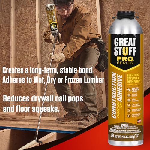 GREAT STUFF PRO Construction Adhesive for Wall & Floor 26.5oz, Polyurethane Foam Adhesive for Subfloors, Drywall & Foam Panels, One Component, Off White, Pack of 12 with Applicator (Standard Gun) - style: Standard Gun