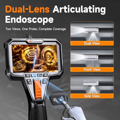 FOXWELL 10FT Dual Lens Borescope, 220° 2-Way Articulating Endoscope Camera - size: 10FT