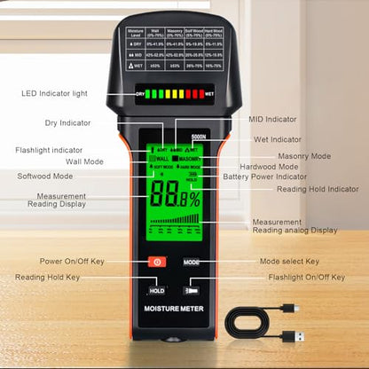 Pinless Moisture Meter for Wood, Drywall & Masonry – Fast & Precise Handheld Moisture Detector，Wood Moisture Meter – Measures 5-75% (Wood), 5-70% (Drywall/Masonry) /Auto-Off & Alarm - color: Orange