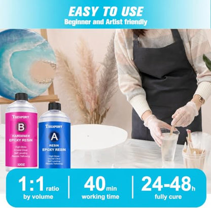 Teexpert Epoxy Resin Crystal Clear: 64OZ Epoxy Resin kit Fast Curing Heat Resistant for Casting Coating Art DIY Craft Jewelry Wood Table Top Flower Preservation- 2 Part(32OZ Resin and 32OZ Hardener) - size: 64 oz