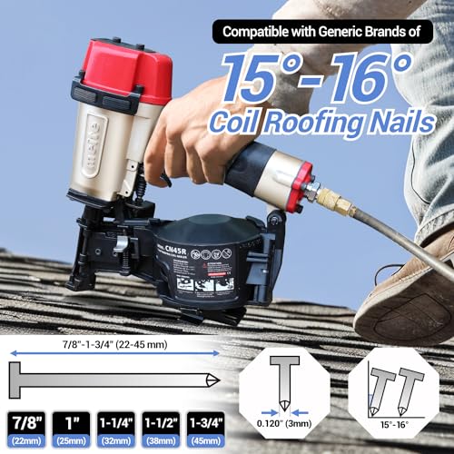 meite CN45R Roofing Nailer, Drives 15 Degree 7/8" to 1-3/4" Coil Roof Nails