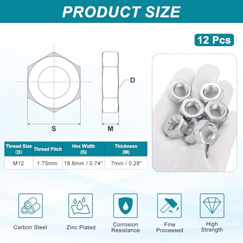 PATIKIL M12x1.75x7mm Steel Hex Nuts, 12Pcs Metric Fine Thread Carbon Steel Zinc Plated Finished Hardware Screw Nuts Fasteners for Machinery Manufacturing, Industrial Use, 18.8mm Width - size: M12x1.75x7x18.8mm