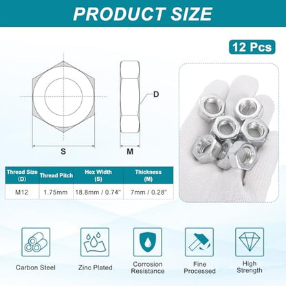 PATIKIL M12x1.75x7mm Steel Hex Nuts, 12Pcs Metric Fine Thread Carbon Steel Zinc Plated Finished Hardware Screw Nuts Fasteners for Machinery Manufacturing, Industrial Use, 18.8mm Width - size: M12x1.75x7x18.8mm