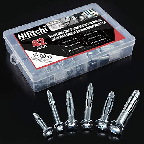 Hilitchi 42-Pcs [6-Sizes] Metal Zinc Plated Steel Hollow Wall Anchors Assortment Kit for Drywall Heavy Duty Molly Bolt Set