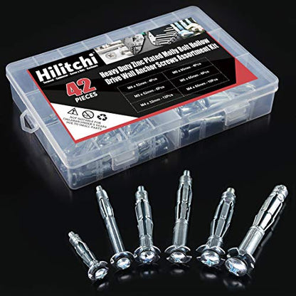 Hilitchi 42-Pcs [6-Sizes] Metal Zinc Plated Steel Hollow Wall Anchors Assortment Kit for Drywall Heavy Duty Molly Bolt Set