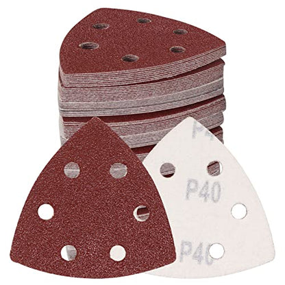 120 Pcs Triangle Sanding Pads, 40 Grits Detail Sander Sandpaper Hook and Loop Sanding Sheet,3.54"(90mm) Triangular Sandpaper for 3.5" Oscillating Multi Tool - size: 40 Grit, style: Hole