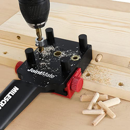 Milescraft 1333 DowelJig Kit - Self-Centering Handheld Dowel Jig with 3 Metal Bushing Sizes (1/4in, 5/16in, 3/8in) - Complete with all Accessories