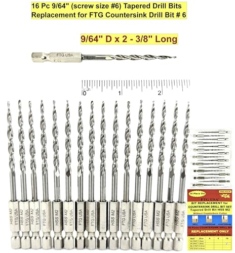 FTG USA 12 Pc #6 (9/64") Adjustable Wood Countersink Drill Bit Set Case - style: 12 Pc Same Size