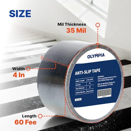 NORTHSKY Olympia 4 Inch x 60 Foot Anti Slip Tape, 45-Grit Friction, Non-Slip Traction Grip for Stairs, Waterproof Grip Tape Safety Non Skid Tape for Steps Anti-Slip Traction Tape Black - size: 4“