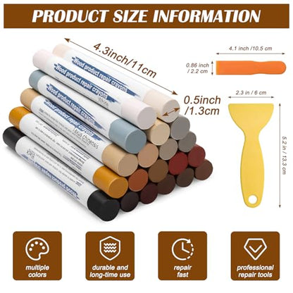 22 Wood Filler Sticks, Windspeed 20 Colos Wood Filler Putty Wax Crayons Furniture Repair Kit Putty Stick for Baseboard Cabinets Furniture Floors(with 2 Scrapers) (Wood Filler Sticks, 20, Count)