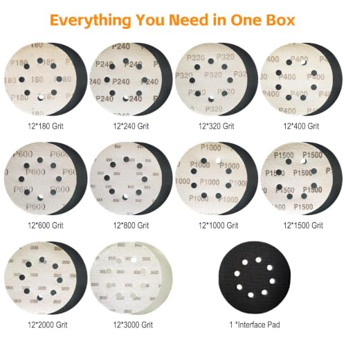5 Inch 120Pcs Sanding Discs Hook & Loop 8 Holes Wet Dry Sandpaper 180 240 320 400 600 800 1000 1500 2000 3000 Assortment Grits Silicon Carbide Orbital Sander with Interface Pad for Wood Auto Metal