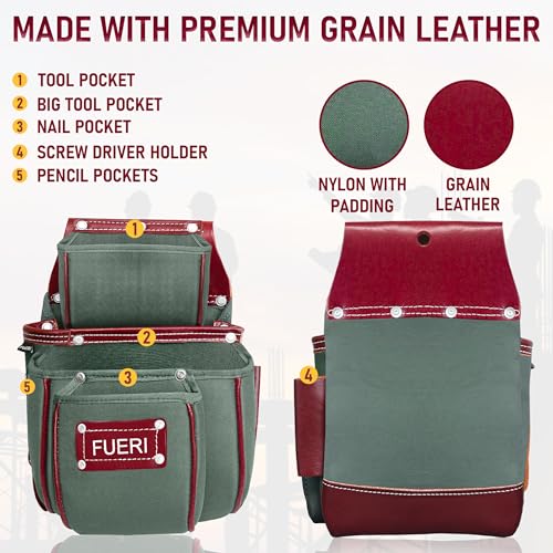 FUERI Carpenter Tool Belt made with Nylon & Grain Leather comes with Adjust to fit Padded Belt, Pouches with multiple pockets, Suspender loops, and a Hammer Holder (Free Suspender at Check Out) - color: Green & Maroon Tool Belt