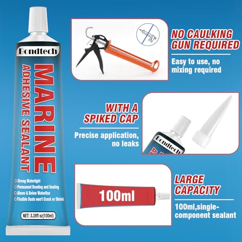 3.38 oz Marine Sealant White, Marine Adhesive Permanent, Silicone Sealant High Strength, Watertight Bonding and Sealing, UV Resistant, Fast Cure, Above & Below Waterline