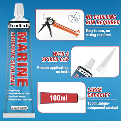 3.38 oz Marine Sealant White, Marine Adhesive Permanent, Silicone Sealant High Strength, Watertight Bonding and Sealing, UV Resistant, Fast Cure, Above & Below Waterline