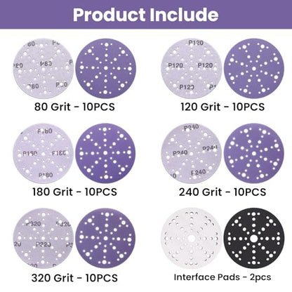 6 Inch 49 Hole Ceramic Sanding Discs with 2 Pcs Interface Pads, 50 Pack - style: Mix Grit + Interface Pad