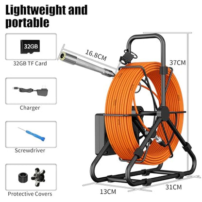 Sewer Camera, 100 ft/30 m, 4.3" Pipe Drain Inspection Camera with DVR Function and 12 Pcs LED Lights, IP68 Waterproof 23 mm Industrial Endoscope, Meter Marker, Included 32GB Card - size: 100 ft/30 m/23 mm With DVR