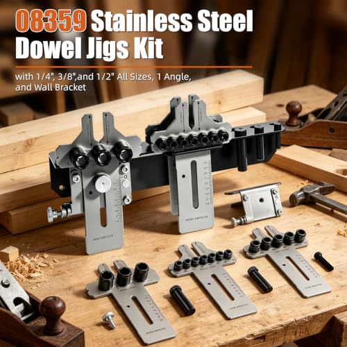 08359 Stainless Steel Dowel Jig Kit, Precision Woodworking Doweling Jig with 90 Degree Angle Bracket, 1/4" 3/8" 1/2" Dowel Hole Drilling Guide Locator for Furniture Cabinet Joinery DIY Wood Projects
