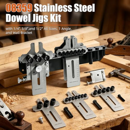 08359 Stainless Steel Dowel Jig Kit, Precision Woodworking Doweling Jig with 90 Degree Angle Bracket, 1/4" 3/8" 1/2" Dowel Hole Drilling Guide Locator for Furniture Cabinet Joinery DIY Wood Projects