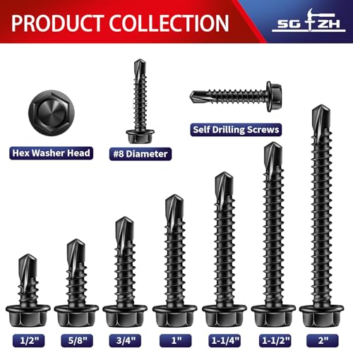 #8 x 1-1/4" Self Drilling Screws (158Pcs) Hex Washer Head 410 Stainless Steel Self Tapping Screws for Metal Sheet Metal Screws Black Oxide with Hex Socket Included - color: Black, size: #8 x 1-1/4"