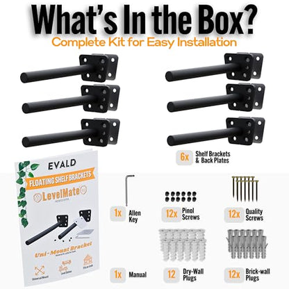 EVALD LevelMate™ Uni-Mount 4 Inch Floating Shelf Brackets, Hidden Shelf Brackets with Anti-Sag Pinol Screw System, Floating Shelf Mount with Screws & Anchors (6 Pack) - size: 4 Inch, style: 6 Pack Uni-mount
