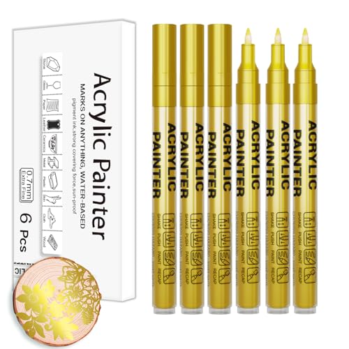 Gold Acrylic Paint Pens 6 Pcs Permanent Marker Pens Extra Fine - color: Gold