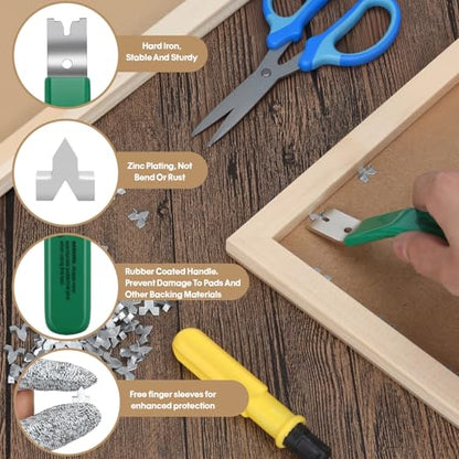 Glazier Point Driver Tool with 200 Glazing Points & 2 Finger Cots - for Framing Glass, Pictures, Cross Stitch - Rust-Resistant Iron/Zinc Push Points, Easy-Grip Handle - color: Green