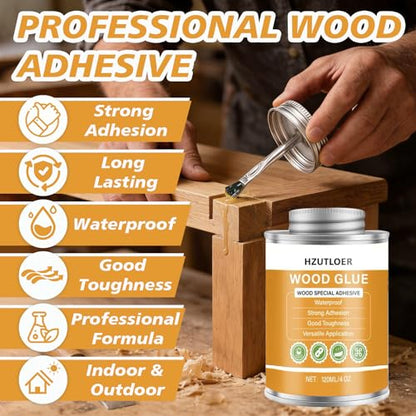 4OZ Wood Glue with Brush, Strong Woodworking Super Glue, Professional Adhesive for Furniture Repair, Crafts, DIY Projects, Hardwood & Softwood