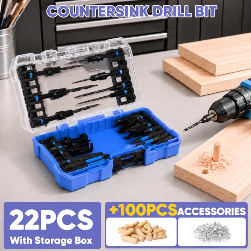 Countersink Drill Bit Set 22PCS with 20 Wood Plugs & 80 Screws for Wood