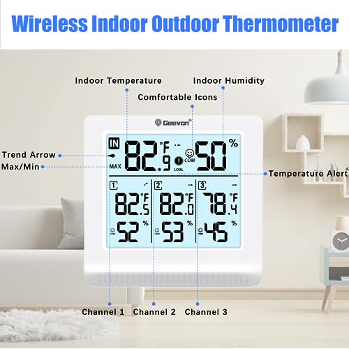 Geevon Indoor Outdoor Thermometer Wireless with 3 Remote Sensors, Digital Hygrometer Thermometer, Temperature Gauge Humidity Monitor with Backlight, 200FT/60M Transmission Range