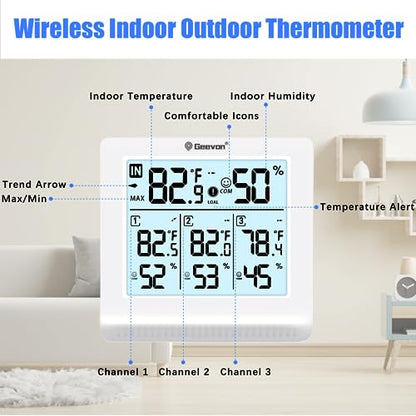 Geevon Indoor Outdoor Thermometer Wireless with 3 Remote Sensors, Digital Hygrometer Thermometer, Temperature Gauge Humidity Monitor with Backlight, 200FT/60M Transmission Range