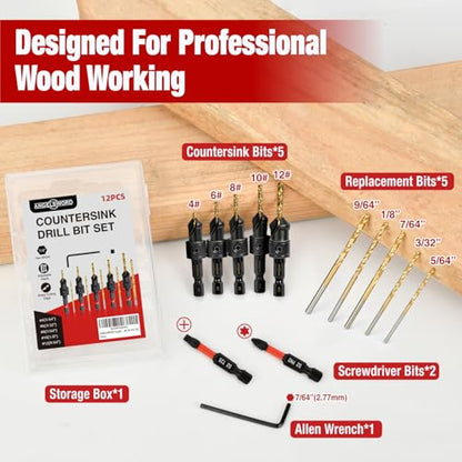 ANGELSWORD Countersink Drill Bit Set, 13 PCS Counter Sink Drill Bit Adjustable, #4, #6, #8, #10, #12, Extra 5pc Replaceable Drill Bits
