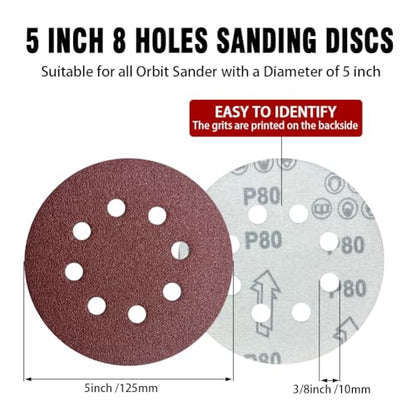 52 Pack 5 Inch 8-Hole Hook and Loop Sanding Discs Sandpaper Red Round 80 Grit Sandpaper for Random Orbital Sander - style: 80 Grit 52-Pack
