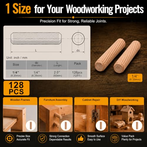 128PCS 1/4" x 2" Wooden Dowel Pins, Fluted Hardwood Dowels - size: 128PCS 1/4×2