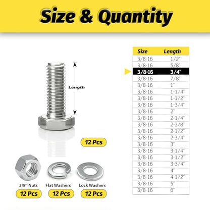 12 Sets 3/8-16x3/4 Bolt and Nut Set, Flat & Lock Washers Included,48PCS - size: 3/8-16x3/4" 12sets