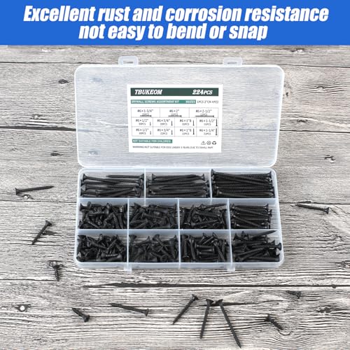 #6 Flat Head Wood Screws Kit 224Pcs Self-Tapping Black - color: Black 224 Pcs