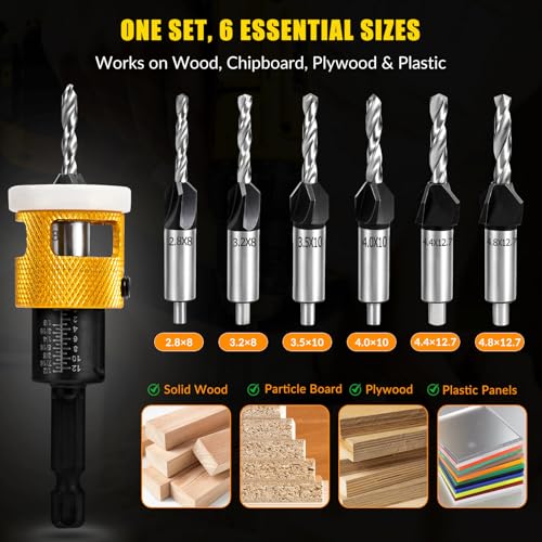 8PCS Countersink Drill Bit Set with Low Friction Depth Stop, Replaceable HSS Pilot Drill, Multi-Size Bits, 1/4" Hex Shank, Precision Woodworking Tool for Wood