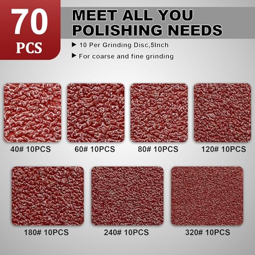 5 Inch Hook and Loop Sanding Discs Sandpaper 40-320 Grits, 70 PCS