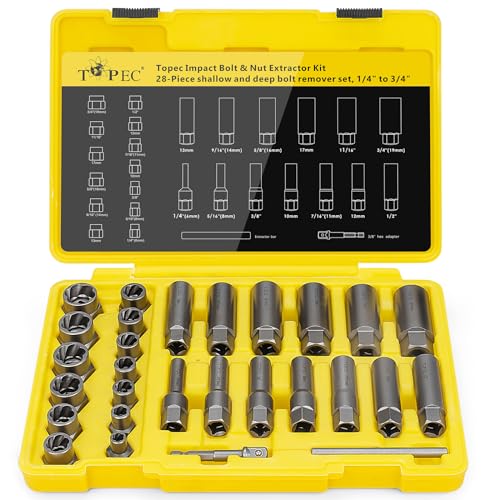 Topec Deep Bolt Extractor Set 28PCS, 3/8" Drive Stud Remover kit - color: 28pcs