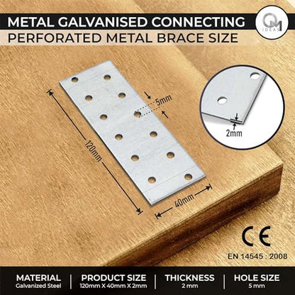 10 Pack Flat Joining Nail Plates (4.72" x 1.57" x 0.08") Connecting Perforated Metal Brace Bracket Timber Wood Fixing Galvanised Steel Repair Connector - size: 4.72" x 1.57"