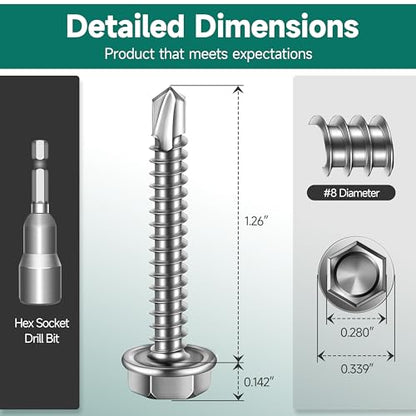 100Pcs #8 x 1-1/4" Sheet Metal Screws, 410 Stainless Steel Self Drilling Hex Washer Head Self Tapping Screws for Metal with Drill Bit - color: Silver, size: #8 x 1-1/4"