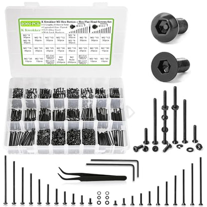 2060Pcs M2 Screw Kit Hex Socket Button & Flat Head Bolts and Nuts - size: M2 - Button Head & Flat Head