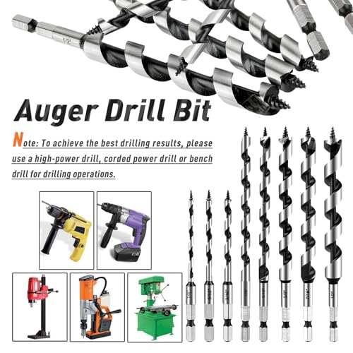 8Pcs 1/8"-1/2" Inch Auger Drill Bit Set for Wood with 1/4" Hex Shank