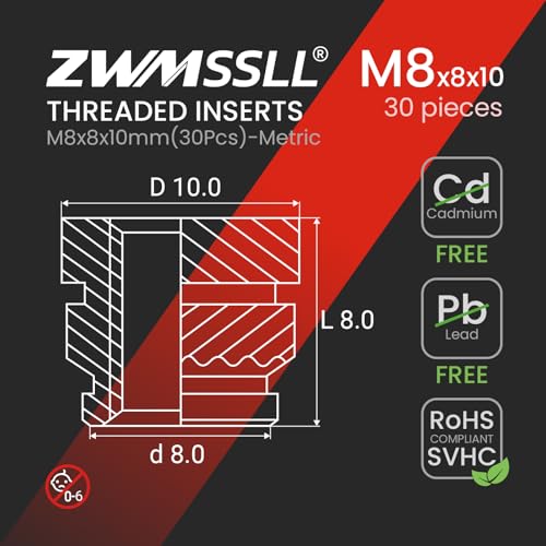 M8 Heat-Set Threaded Inserts, M8x8x10mm(30Pieces) Heat Set Insert for 3D Printing Components and Plastic Parts,Brass Metric Knurled Nuts - size: M8x8x10mm