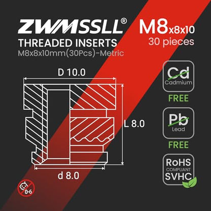 M8 Heat-Set Threaded Inserts, M8x8x10mm(30Pieces) Heat Set Insert for 3D Printing Components and Plastic Parts,Brass Metric Knurled Nuts - size: M8x8x10mm