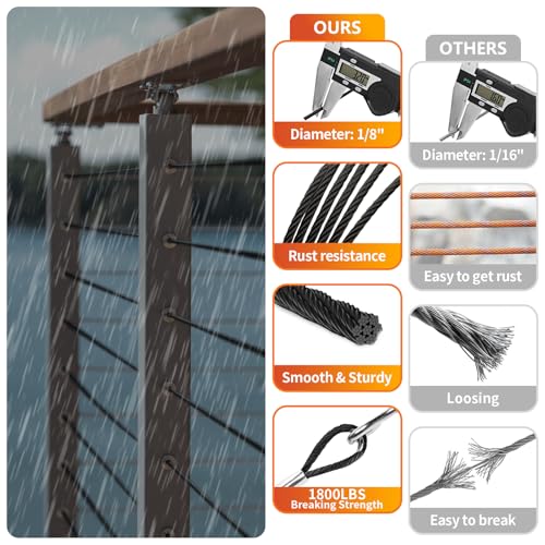 Black Stainless Steel Cable for Railing - 150FT 1/8" T316 Wire Rope - size: 150FT