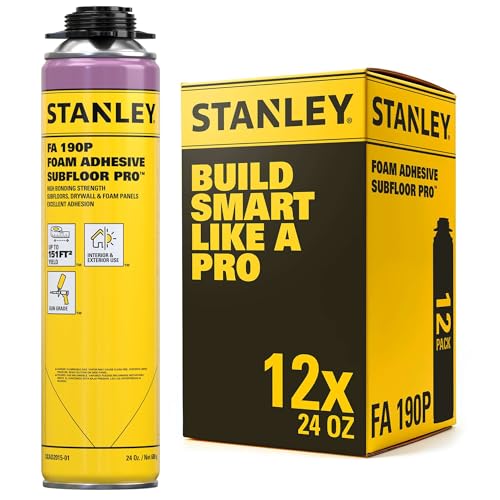 Stanley FA190P Subfloor Adhesive (12x24 Oz) – Polyurethane Expanding Foam Construction Adhesive with Strong Bonding for Wood, Concrete, Metal – High Coverage | Gun&Cleaner NOT Included | 12 Pack - size: Sub Floor Adhesive, style: 12 Pack