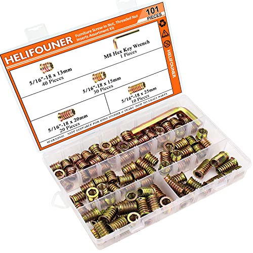 5/16-18 Threaded Inserts, Wood Inserts, Steel Threaded Inserts for Wood Furniture Screw, HELIFOUNER 100 Pieces 5/16"-18 x 13mm/15mm/20mm/25mm Threaded Inserts Kit with Hex Wrench - size: 5/16"-18 Assortment Kit