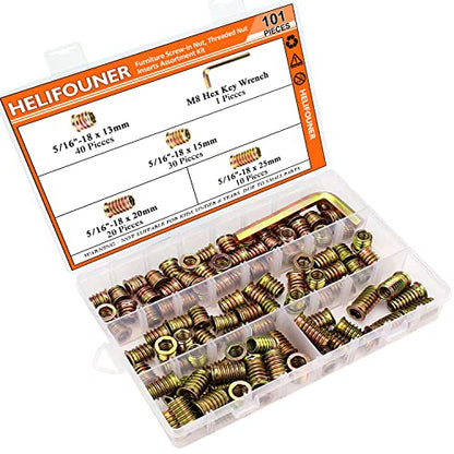5/16-18 Threaded Inserts, Wood Inserts, Steel Threaded Inserts for Wood Furniture Screw, HELIFOUNER 100 Pieces 5/16"-18 x 13mm/15mm/20mm/25mm Threaded Inserts Kit with Hex Wrench - size: 5/16"-18 Assortment Kit