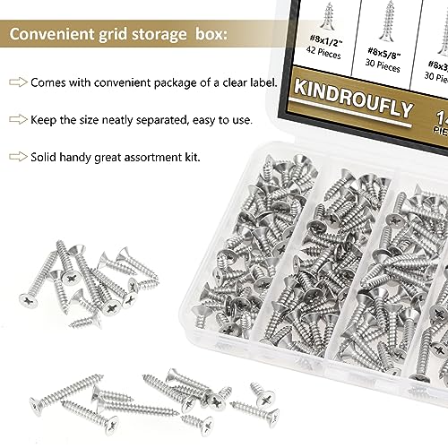 142 Pieces #8 x 1/2" 5/8" 3/4" 1" 1-1/4" Phillips Countersunk Head Self-Tapping Screws, Wood Screws Assortment Kit, 304 Stainless Steel - size: #8