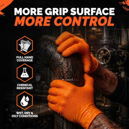 GripProtect 8 Mil Nitrile Gloves – Chemical Resistant, Diamond-Raised Textured Gloves, Orange Heavy Duty Disposable Gloves - size: S